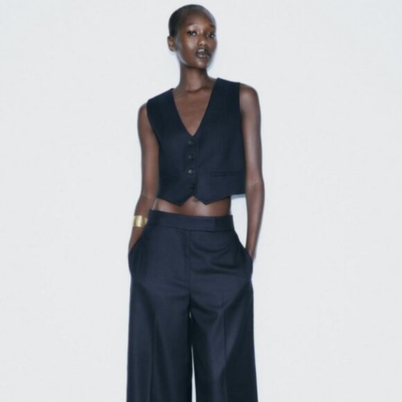 NWT Zara Navy Blue Button Down Waistcoat Vest S - Picture 1 of 16